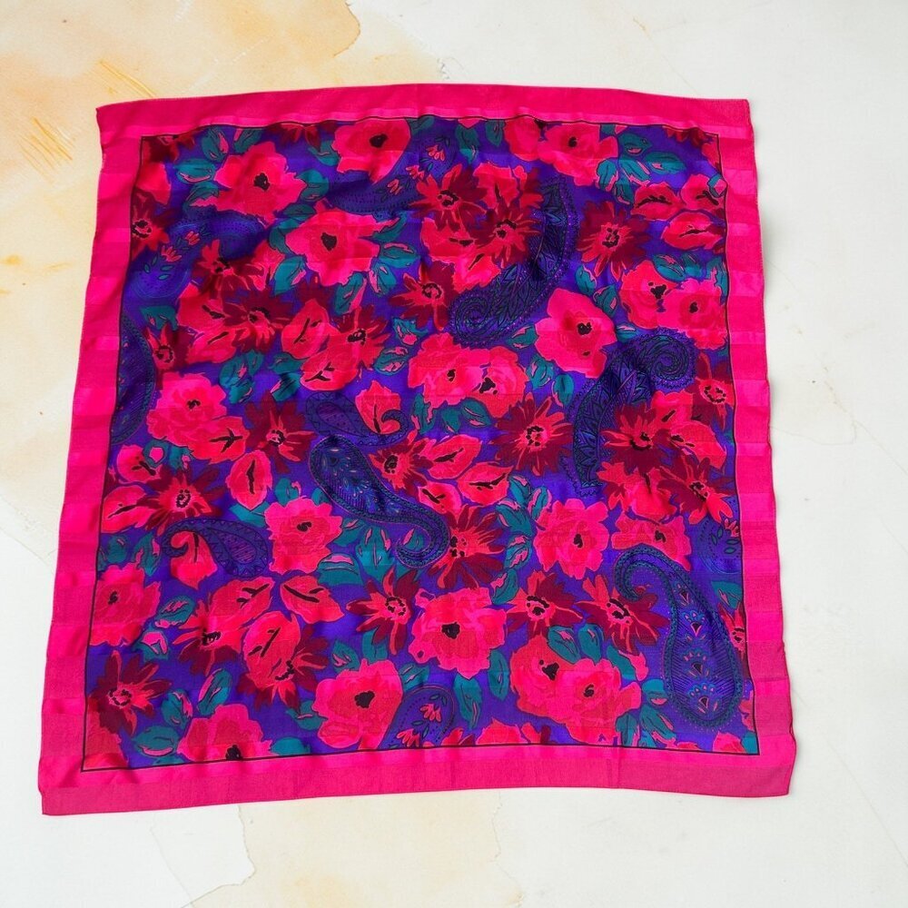 Vintage Fuchsia Pink Floral and Paisley 29" Square Scarf